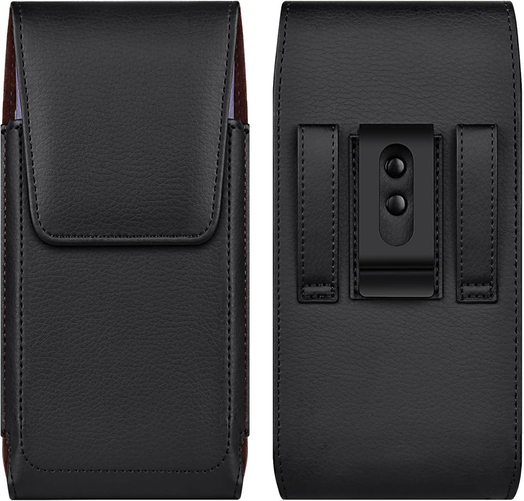 Leather Cell Phone Holster with Belt Clip Strong Magnetic Closure for iPhone Pro Max, Plus 17 16 15 14 13 12 16e, Samsung Galaxy Plus, FE S25 S24 S23 S22 S21, L-Black