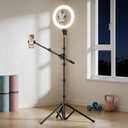 Tripod for iPhone with Light & Phone Holder - 10.5'' Ring Light with Stand - Second Arm with Overhead Phone Mount, Fast-Adjust Bamboo-Flex Stand & Remote for Content Creators, Video Recording
