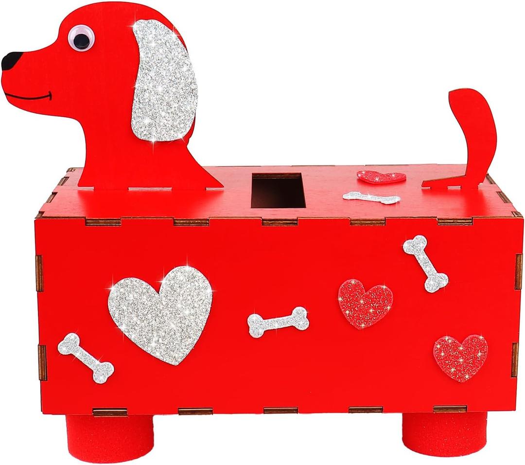 DIY Valentines Box Craft for Kids, Wooden Valentine's Day Card Mailbox Craft Kit for Classroom School Boys Girls Dog Puppy Mailbox with Foam Stickers Valentines Exchange Gifts