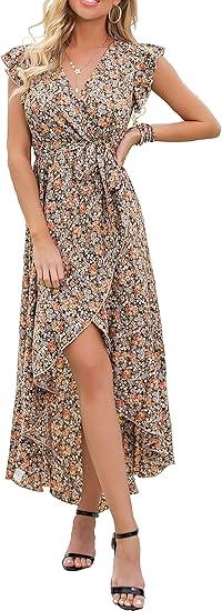 GRECERELLE 2025 Women's Spring Summer Boho Floral Print V-Neck Faux Wrap Maxi Dress for Wedding Guest, Graduation, Party Size Medium, Pastoral Coffee 