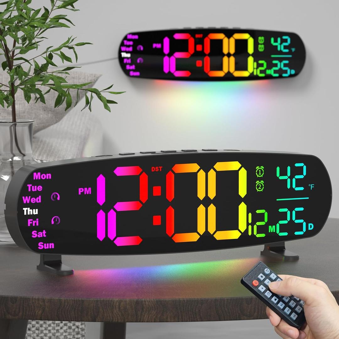 ANALOI Digital Wall Clock,14.4 Inch Large Display Digital Wall Clock with Auto Dimming, Temperature and Date, Remote Control, Night Light, DST, Alarm for Bedroom/Classroom/Gym/Seniors (Colorful)