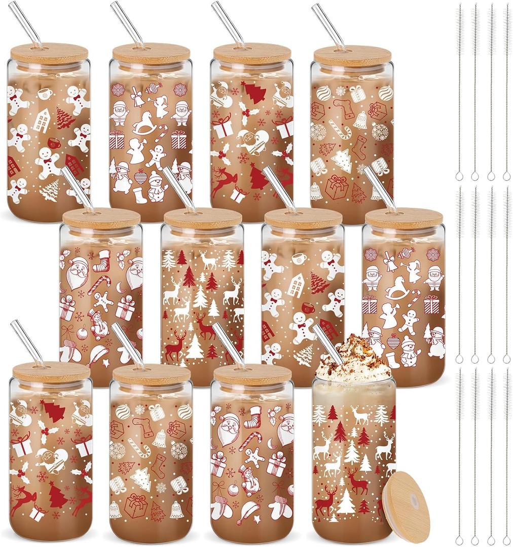 12 Pcs Christmas Glass Cups 16 oz Drinking Glasses with Bamboo Lids and Straws Christmas Iced Coffee Cup Drinkware Santa Snowflake Tumbler Holiday Mugs Xmas Gift for Women Mom (Stylish Style)