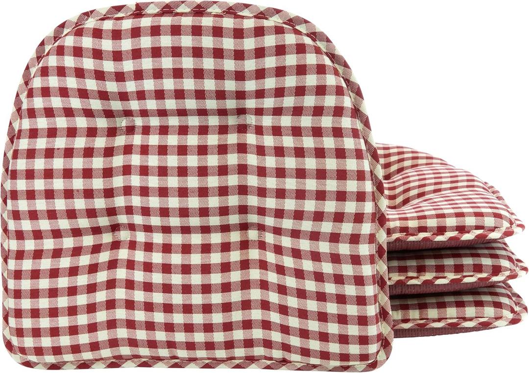 Klear Vu Omega Non-Slip Chair Cushions, Assembled in USA, U-Shaped Skid-Proof Seat Pads for Dining Room, Kitchen, Office, 15"x16", 4 Pack, Gingham Red 4 Count