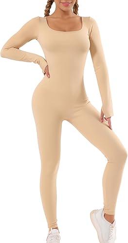 Long Sleeve Bodysuits One Piece Jumpsuit for Women with Square Neck and Butt Scrunch Leggings Seamless  Rompers Beige S
