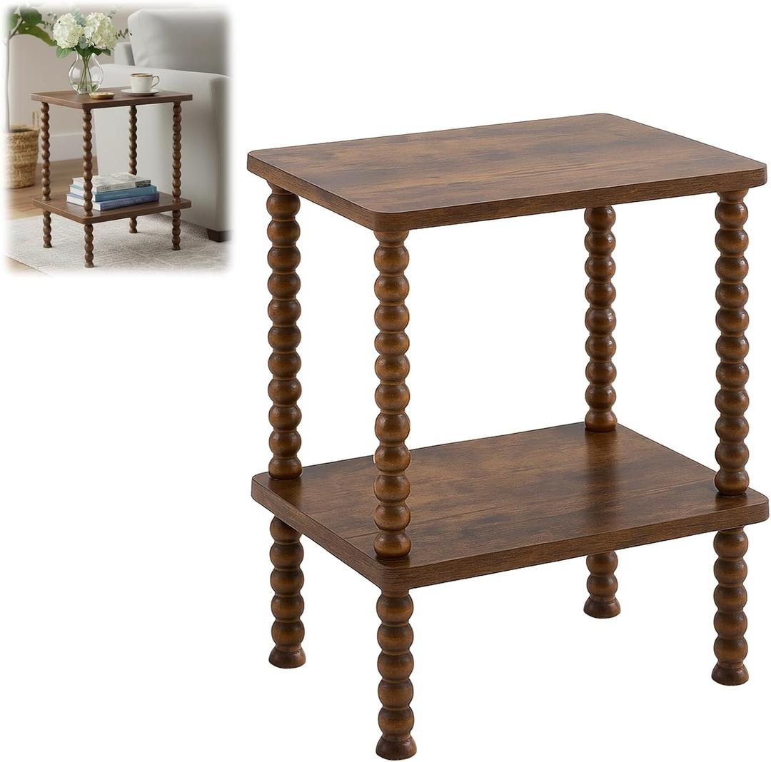 AceOrbit 2 Tier Spindle Side Table Small Rustic Vintage Bedside Nightstand Coffee End Table with Storage Shelf Nightstand for Small Space, Bedroom, Indoor Outdoor, Easy Assembly(Brown,Rectangle)