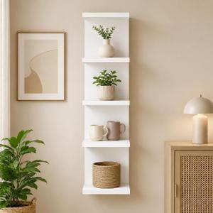 5-Tier Wall Mounted Floating Shelf, 12mm Thick White PVC Closed-Top Shelf, Screw Embedded Drilling Installation, Narrow Vertical Storage Organizer for Bathroom Kitchen Living Room Bedroom, 31.5 x 7.9 x 7.1 in - Extra-Thick Board