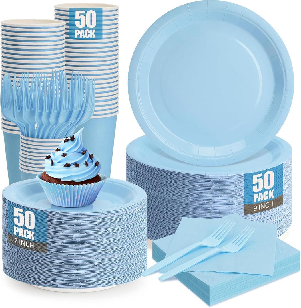 250Pcs Light Blue Paper Plates and Napkins Supplies Include 9Paper Party Plates, 7Dessert Plate Cups Napkins Forks for Baby Shower, Wedding, Birthday, Serves 50