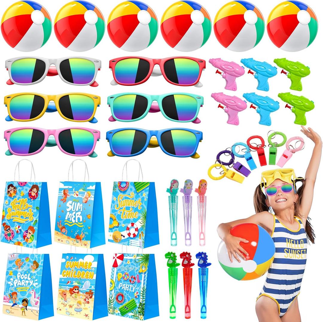 Pool Party Favors, Summer Beach Party Favors for Kids, Pool Party Decorations Supplies Including Beach Balls, Kids Sunglasses, Bubble Wands (36PCS Party Favors)