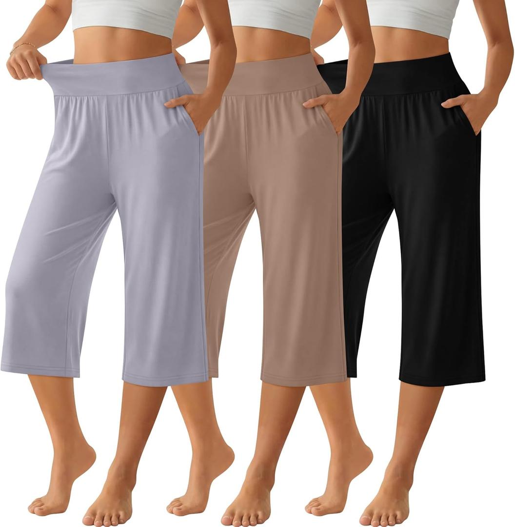 Neer 3 Pack Women Capri Pants Wide Leg High Waist Crop Lounge Sweatpants Loose Summer Casual Workout Pants with Pocket (Black, XL)