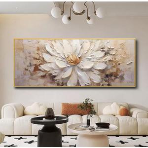 Hand-Painted Flower Canvas Oil Painting for Living Room, Large White Floral Canvas Wall Art for Bedroom,Gold Framed 3D Textured Painting for Office Kitchen Home Decoration 24x56 inches
