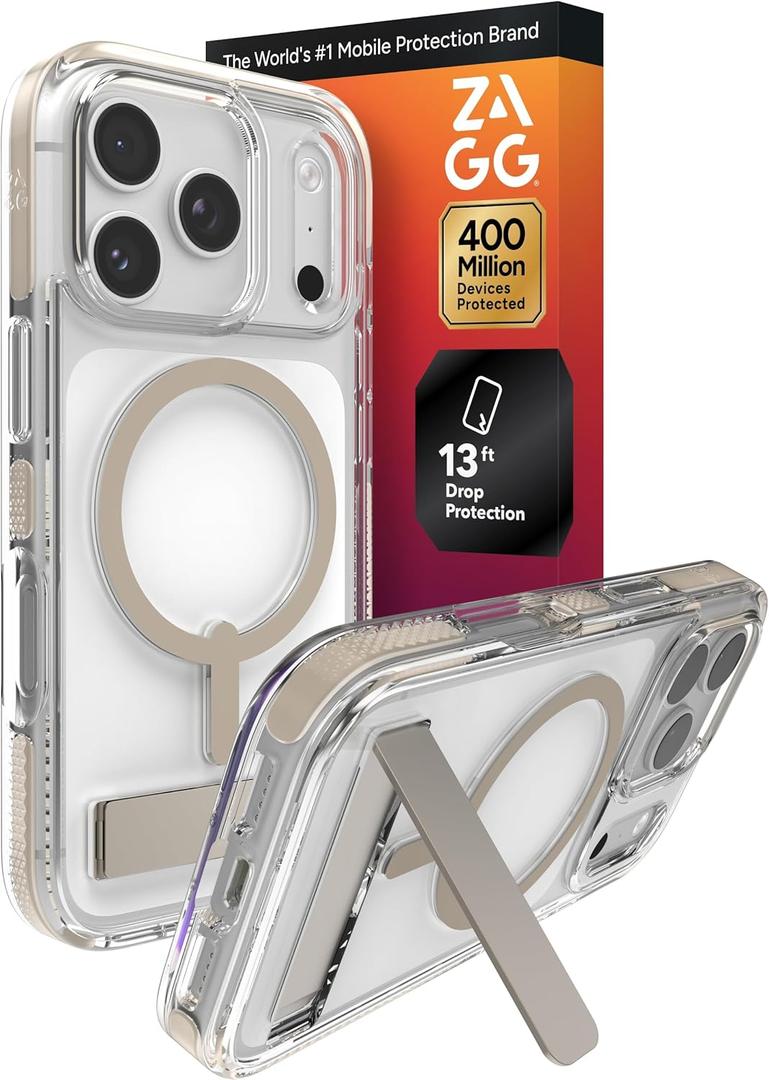 ZAGG Santa Cruz Snap Case with Kickstand for iPhone 17 Pro - Titanium, Drop Protection (13ft/4m), MagSafe Charging Compatible, ClearGuard Anti-Yellowing Technology, Scratch Resistant Phone Case