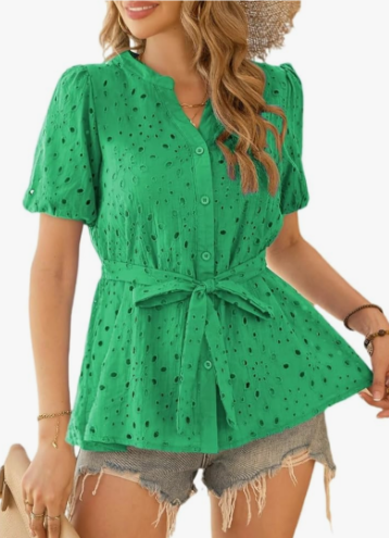CiCiBird Women Dressy Button Blouses Puff Short Sleeve Tops Elegant Peplum Tie Front Shirt Eyelet Lace Embroidered Top. Size M