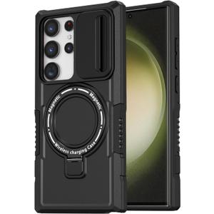 for Samsung Galaxy S23 Ultra Magnetic Case [Compatible with MagSafe] with Camera Cover & Magnetic Ring Kickstand, Military Grade Heavy Duty Case for Samsung S23 Ultra 6.8'', Black