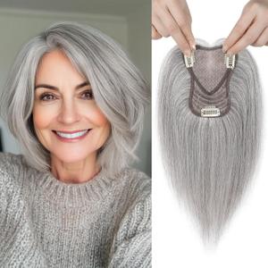 REECHO 10" Real Human Hair Topper for Women with Thinning Hair, Clip-in Crown Hairpiece for Instant Volume and Gray Root Coverage Real Hair Toppers Wiglett, Swiss Base, Salt & Pepper