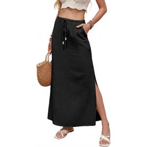 Linen Maxi Skirts Slit Skirt Elastic Waist Drawstring Long Linen Slit Boho Skirts for Women with Pockets, Size: X-Large