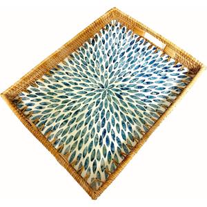 i-lan 18 Inch Blue Mother of Pearl Rattan Serving Tray with Cutout Handles