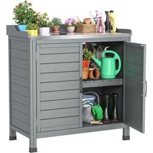 YITAHOME Outdoor Garden Potting Bench with Storage Cabinet, Planting Work Bench w/Metal Tabletop and Removable Shelf, Wood Workstation for Outdoor, Garden, Patio (Gray)