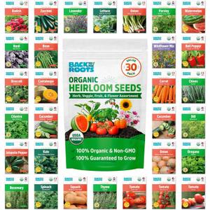 Back to the Roots Heirloom Organic, Non-GMO & USA Grown Seeds, 30ct Herb, Fruit, Flowers, and Veggies, Assortment May Vary, Guaranteed to Grow