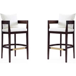Manhattan Comfort Ritz Faux Leather Barstool with Loose Pillow Backrest, Beech Wood Legs, Gold Metal Footrest, Mid Century Modern Design, Fully Assembled Bar Stool, 30.5" Seat Height, Set of 2, Ivory