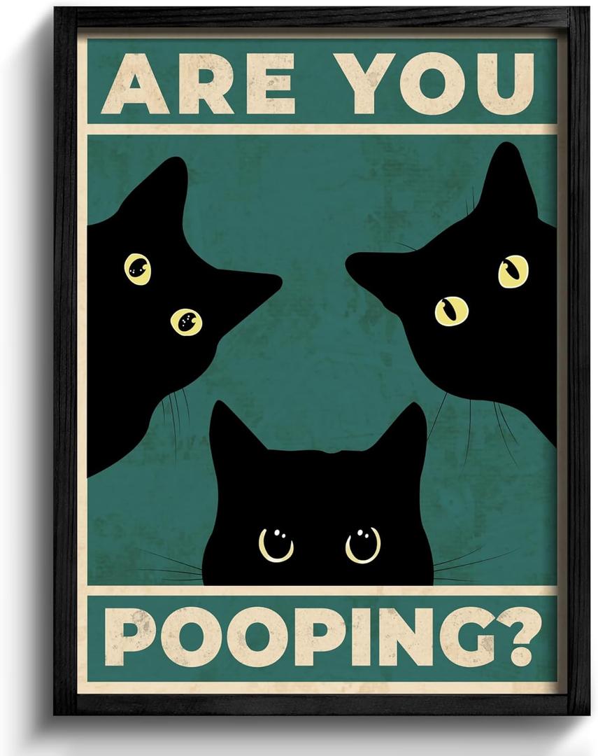 Heiple Framed Bathroom Wall Art Black Cat Are You Pooping Funny Wall Decor Hanging Sign for Vintage Home Farmhouse Decor (Black, 16"x20")