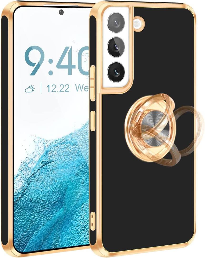 Fingic Compatible with Samsung Galaxy S22 Case with Ring Stand, [360 Rotatable Ring Holder Magnetic Kickstand][Shiny Plating Gold Edge] Slim Soft TPU Shockproof Protective Case for Women Men, Black