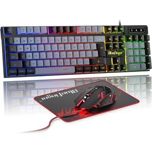 BlueFinger RGB Gaming Keyboard and Backlit Mouse Combo, USB Wired, LED Gaming Set for Laptop PC Computer Game and Work(Black & Gray)