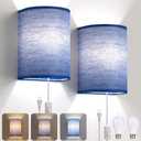 Plug in Wall Sconces Set of 2: Wall Lights with On/Off Switch - Stepless Color Temperature Wall Mount Lamps - Fabric Linen Wall Sconce for Bedroom Living Room & Hallway- Indoor Corded Wall Sconces (Blue)
