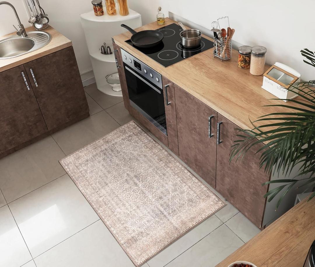Keen Home Design 2x3 Rug - Machine Washable Entry Rug with Non-Slip Backing, Ideal for Enteryway, Kitchen, Bathroom, Laundry Room - Vintage, Easy Clean, Durable, Low Pile Rug - (2' x 3') (Dark Beige)