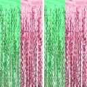 Cyxevous Green Pink Tinsel Curtains, Wavy Foil Fringe Curtain Photo Booth Foil Curtain Backdrop Green Pink Theme Birthday Party Backdrop 2 Pcs 3.2 inch × 6.6 inch, Pack Of 2