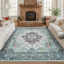 RELEANY Washable Area Rug, Square 8'x8', Teal Green/White/Navy