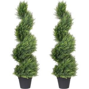 THE BLOOM TIMES 3ft Artificial Topiary Trees Set of 2, 36 inch Faux Cedar Cypress Spiral Topiary Trees Outdoor - Fake Plants for Garden Front Porch Indoor Outside Planter Decor 3 Foot (Cedar Yellow Green)