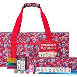 American Mahjong Set, Mahjong Tiles Set, Red Bag, 166 White Tiles, 4 All-in-One Rack/Pushers (Ma Jong, Mah-Jongg, Majiang)
