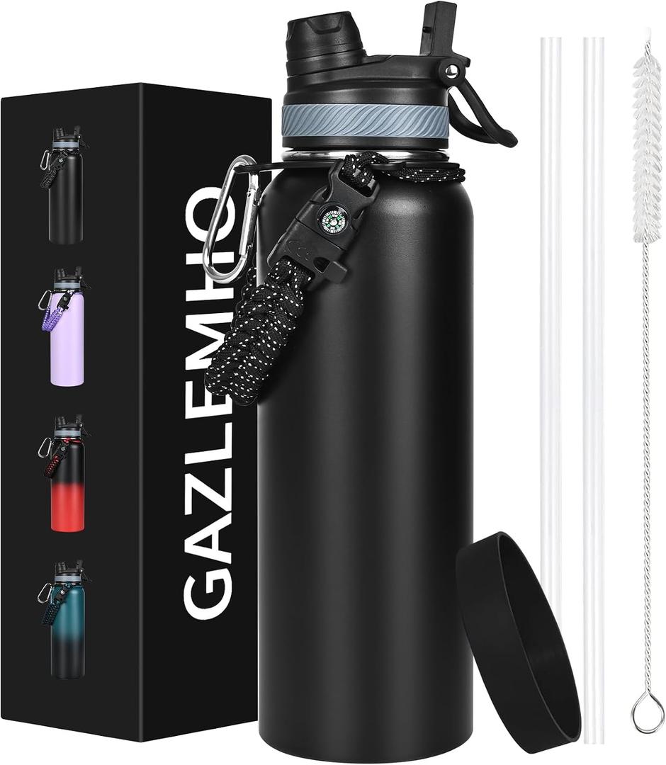 GAZLEMHO 40 oz Insulated Water Bottle with Straw& Spout 2-in-1 Lid, Triple Wall Vacuum Stainless Steel Cold 48H, Leak Proof Sports Metal Flask Jug with Paracord Handle, Black
