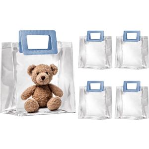 OfficeCastle 10 Pack 8x3.1x8 Inches Clear Gift Bags, Waterproof Gift Wrap Bags with Blue Leather Handles, Durable Birthday Bags for Parties, Christmas, and Holidays (20x8x20cm)