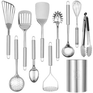 Abodpove Stainless Steel Cooking Utensils Set - 11pcs Kitchen Utensils Set with Holder for Cooking, Stainless Steel Utensils Set with Potato Masher, Skimmer, Spoons, Turners, Whisk, Tongs