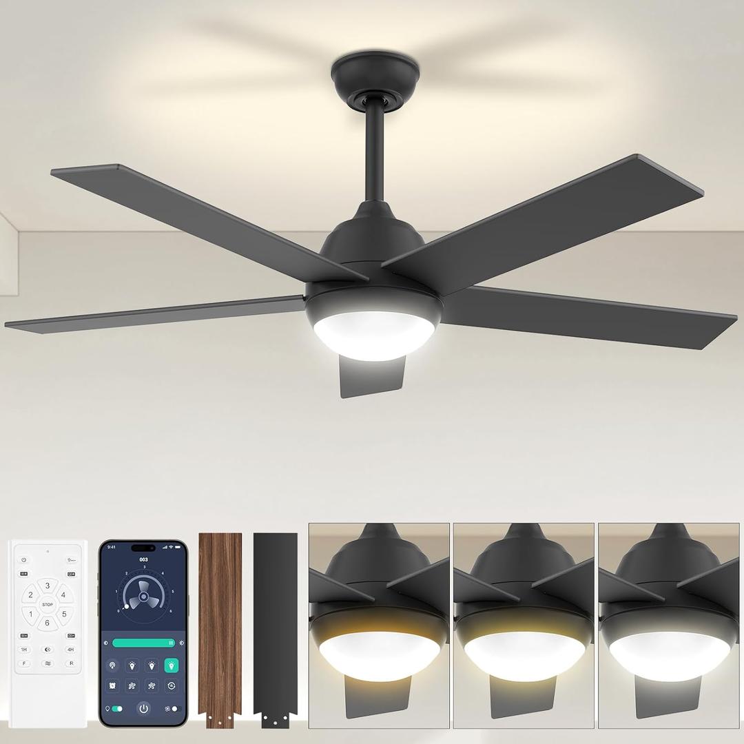 Black Outdoor Ceiling Fan - 52 Inch Ceiling Fans with Lights Remote APP 6 Wind Speeds 3 Color Temperatures Dimming Reversible DC Motor for Outdoor Patio Farmhouse Bedroom Living Room