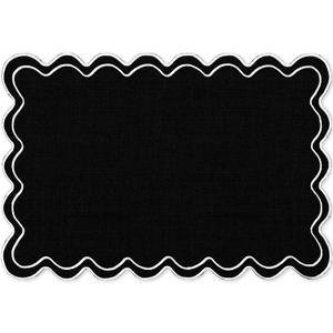 Whaline Black White Linen Placemats Embroidered Scalloped Kitchen Place Mats for Birthday Party Home Dining Table Decor, Set of 6, 13 x 19 in