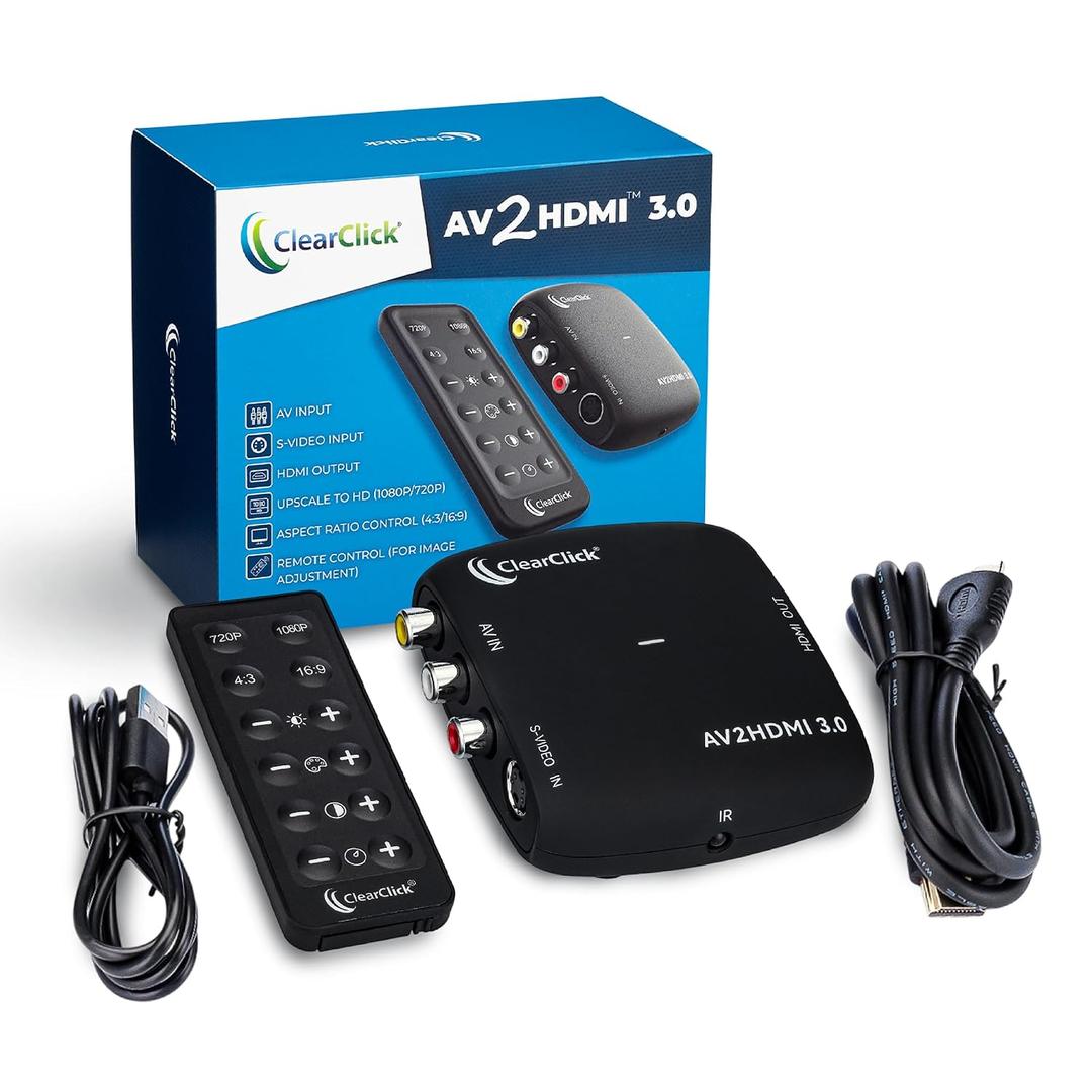 ClearClick AV to HDMI Converter 3.0 (Third Generation) - 1080P RCA or S-Video to HDMI Upscaler - with Remote Control for Image Adjustment - VHS, VCR, Camcorder, DVD, TV, Gaming Systems, PAL, NTSC