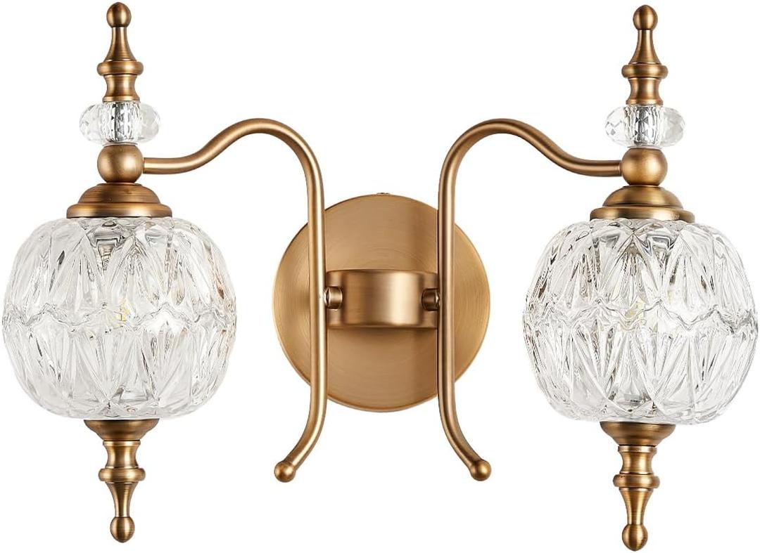 2-Light Vintage Crystal Bathroom Wall Sconces, Matte Brushed Antique Brass Finish Retro Wall Sconce Light with Crystal Glass Shade for Bathroom (2-light Brass)