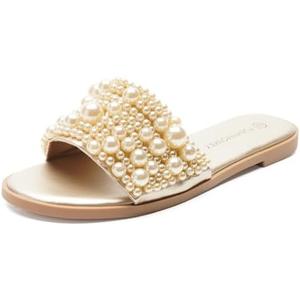 FUNKYMONKEY Women's Black Pearl Slide Sandals Flat Slip-On Open Toe Summer Beach Shoes Elegant Beaded Dressy Mules for Wedding, Party & Casual Wear, Size 8