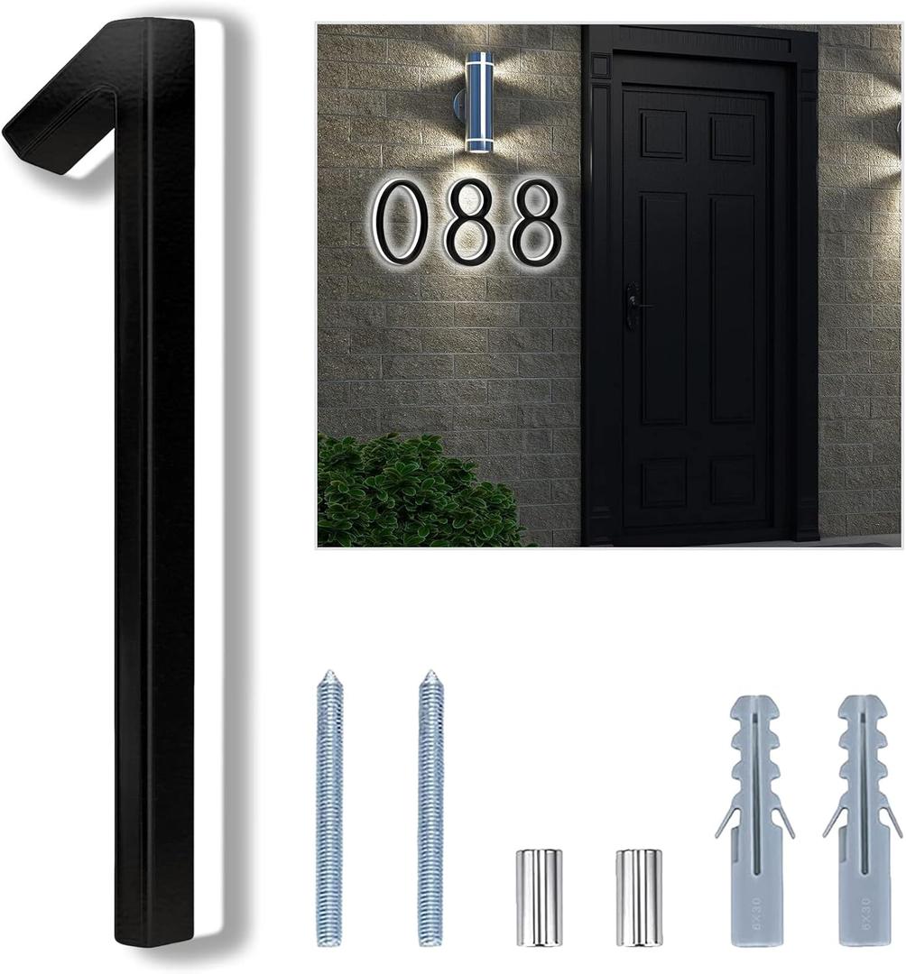 Backlit LED Home Address Numbers, 8 Inch House Numbers, Stainless Steel Hand-Polished Waterproof for House Address Signs, Lighted House Numbers for Outside Modern, Low-Voltage, Yard, Shop (1, Black)