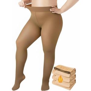 Plus Size Fleece Lined Tights, Women Thick Thermal Legging Winter Fake Translucent High Waisted Pantyhose (Brown)