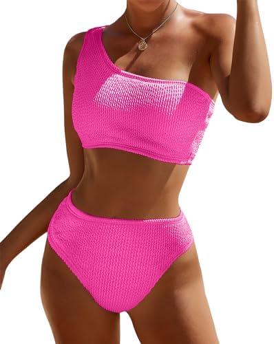 Pfreesea Bikini Sets for Women High Waisted 2 Piece Bestselling Swimsuit Ribbed One Shoulder Tummy Control Bathing Suit 2025, Pink, S
