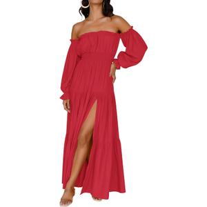 ZESICA Women's 2025 Boho Sexy Off Shoulder Long Sleeve Smocked High Waist Side Split Flowy A Line Tiered Long Maxi Dress (Medium)