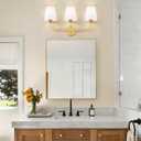 MOKATNG Bathroom Light Fixtures, 3-Light Brushed Gold Vanity Lights, Bathroom Lighting Fixtures Over Mirror with Flared White Fabric Shade, Modern Wall Sconces for Living Room Hallway