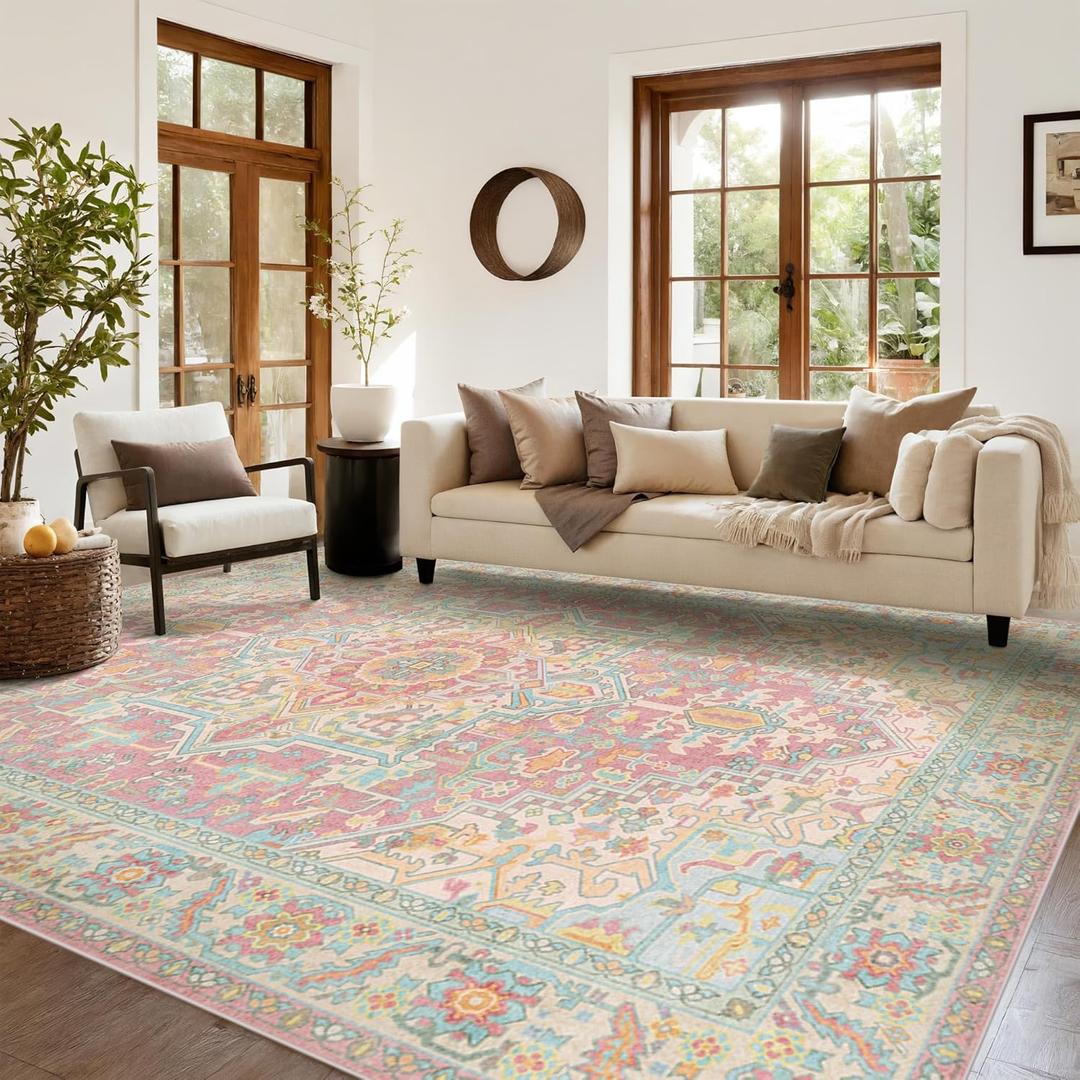 Kokia 8x10 Washable Area Rugs Blossom Pink with Vintage Orient Design Soft Rug for Living Room or Bedroom Non-Slip Low Pile Stain Resistance Features Distressed Medallion Pattern (Blush/Butter/Pistachio/Babyblue)