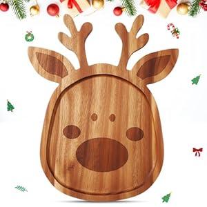 Bokon 12" Reindeer Christmas Charcuterie Board Wooden Cutting Board Xmas Serving Platter Tray Cookie Plate for Cheese Bread Dessert Fruit, Gift for Christmas Party Holiday Decoration(Acacia Wood)