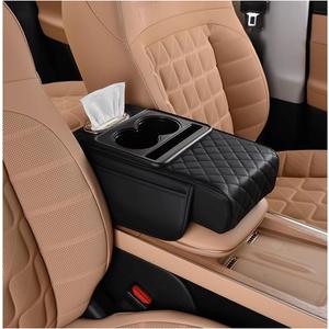HZEL Car Center Console Cover, Leather Vehicle Armrest Cushion with Storage Bags, Cup Holder  Tissue Box, Waterproof Auto Interior Arm Rest Seat Box Pad, Universal Fit (Black)