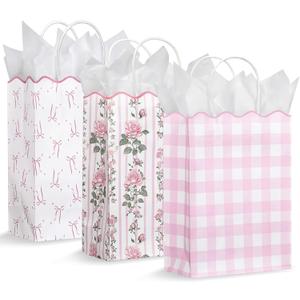 LemonSecret 24 Pcs Pink Bow Gift Bags with Handles Flower Plaid Party Favor Candy Goodie Bags with Wave Edge for Weddings Birthday Bridal Shower Party Supplies, 8.3 x 6 x 3.2 Inches
