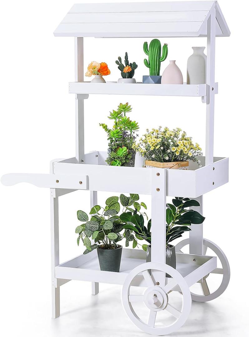 Hanaive Flower Cart Display Stand with Wheels for Bridal Shower Baby Shower Party Large Country Market Vintage Wooden 3 Tier Rolling Table Cart for Display Flower Candy Party Favors and Crafted Items